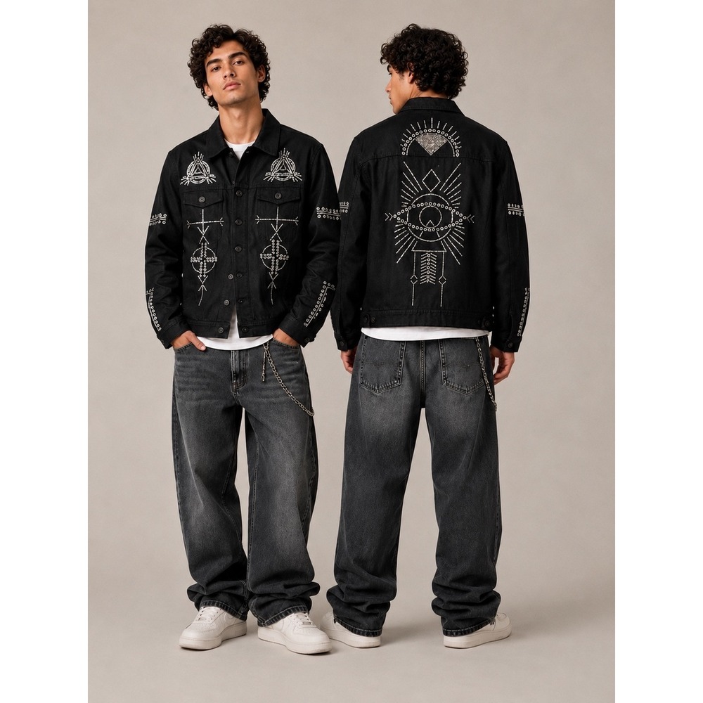 Maniere De Voir Mens Sequin Graphic Denim Jacket Medium Black Streetwear Goth